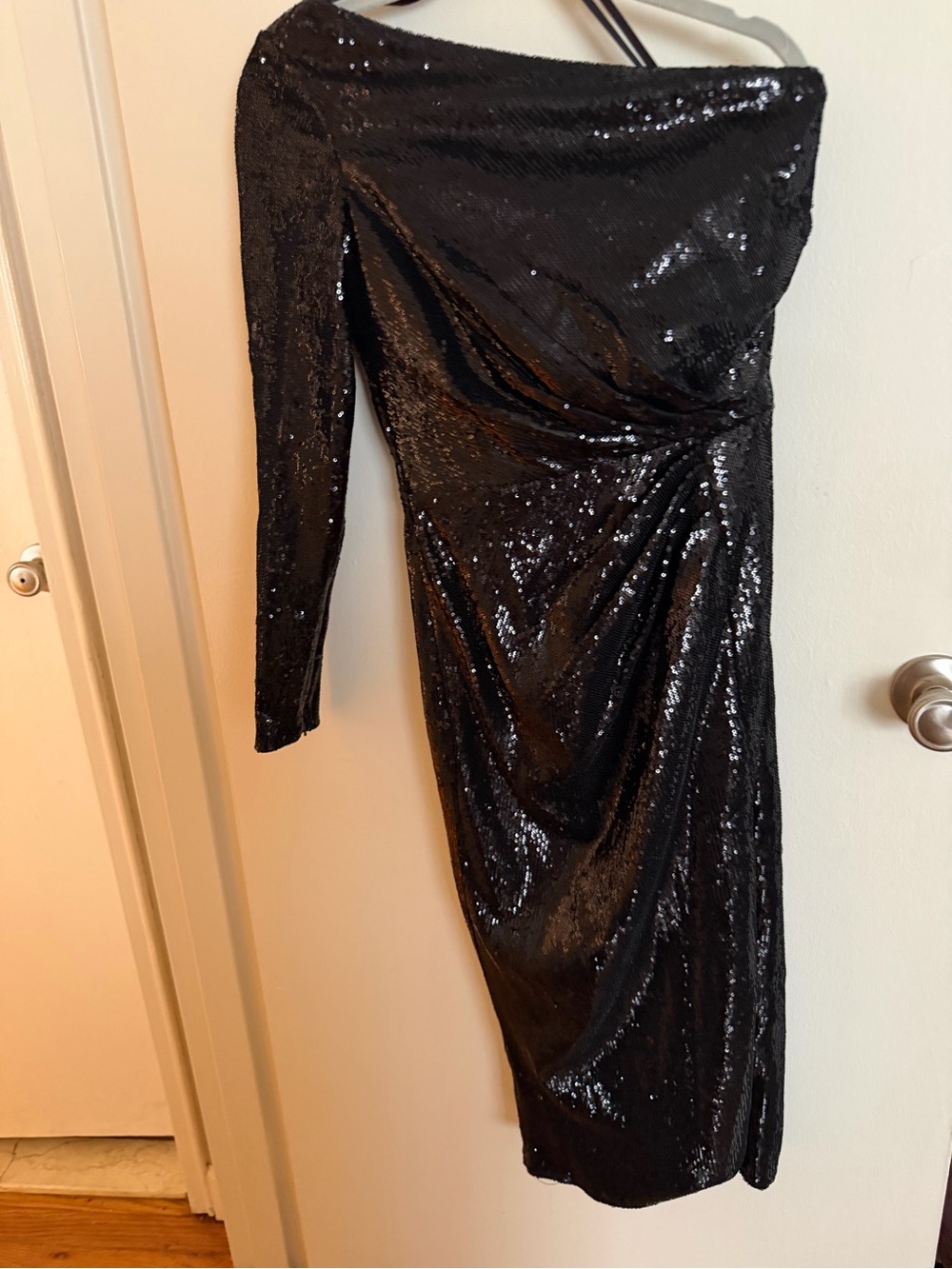 Mac Duggal Black Sequin One-Shoulder Midi Dress